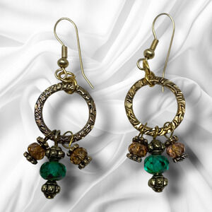 Vintage Y2K Gold Tone Circle Green Amber Bead Pierced Dangle Earrings Bohemian